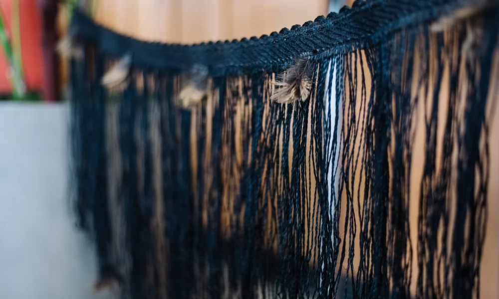 Artistic close-up shot of the Commission's flax Kākahu hanging between two pot plants. It features a thick tāniko band and small weka feathers.
